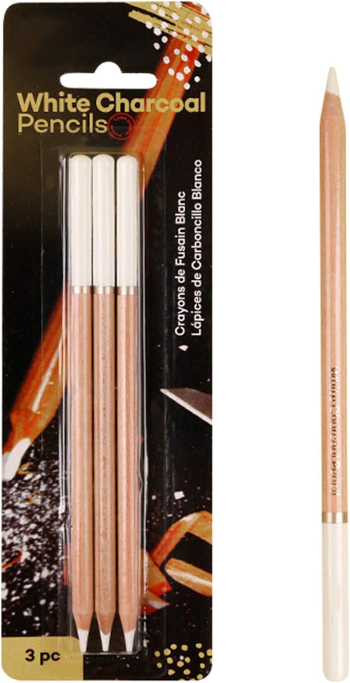 XINCHIA White Charcoal Pencils 3 PCS Sketching Drawing Pencil Set Highlight Pastel Pencil Painting Special White Charcoal Sticks Set Carbon Pencils 4mm for Drawing Art