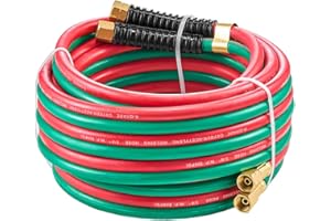 VEVOR 1/4-Inch x 25FT Oxy Acetylene Hose with 9/16"-18 LH/RH B Fittings, R Grade Welding Torch Twin Hose, Green+Red, 300PSI M