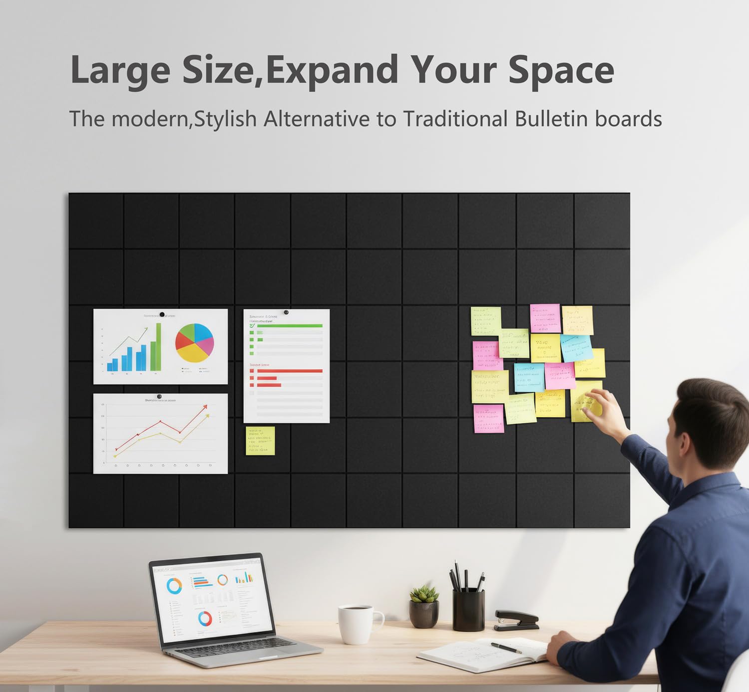 G Gamit Large Felt Wall Tiles Bulletin Board,Large Cork Board Alternative with 30 Pushpins,8-Pack Felt Pin Board with 56 Safe Removable Adhesive Tabs for Home Office School (Grid Black)