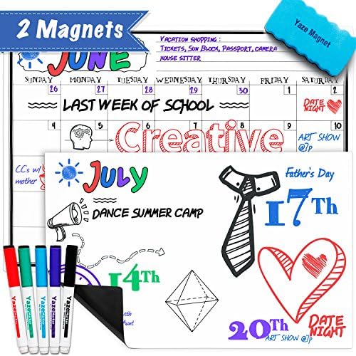 Magnetic Dry Erase Calendar &amp; Whiteboard for Refrigerator - 17X12” - 5 Fine Tip Markers and Large Eraser with Strong Magnet - Monthly White Board Organizer and Planner for Kitchen Fridge