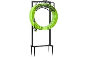 Xergur Garden Hose Holder Storage Outside - Freestanding Water Hose Holder with 4 Spikes, Heavy Duty Rust-Resistant Metal Hose Stand for Outside, Black