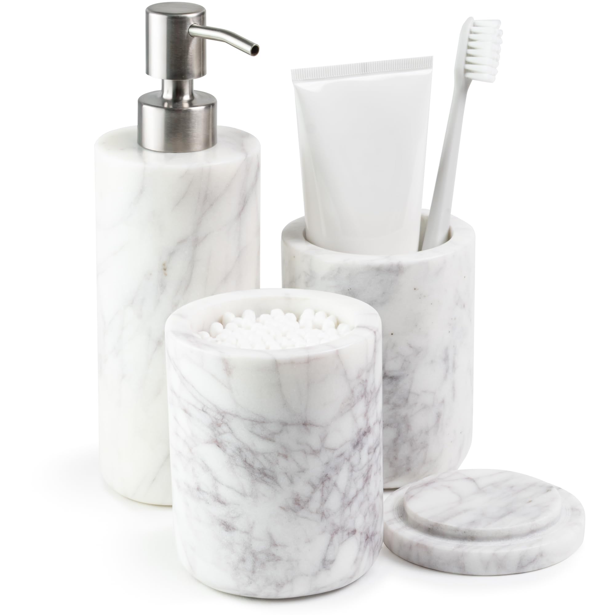 Photo 1 of ***STOCK PHOTO FOR REFERENCE ONLY ***Cork & Mill Marble Bathroom Accessories Set, Complete 3 Piece Set with Soap Dispenser, Toothbrush Holder & Canister with Lid for Qtips, White Marble Bath Countertop Vanity Decor Organizer