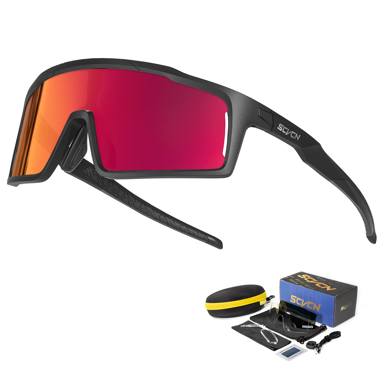 SCVCN Cycling Glasses Polarized with 3 Interchangeable Lenses for Men Women UV400 Protection MTB Bike Running Driving Fishing Golf Cycle 01 Red Black