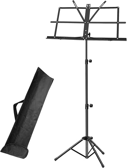 Amazon 楽譜スタンド ホルダー ポータブル折りたたみ譜面台 スーパー丈夫調節可能な高さ三脚ベースメタル譜面台 軽量コンパクト キャリングバッグ付きトラベル ブラック 譜面台 楽器