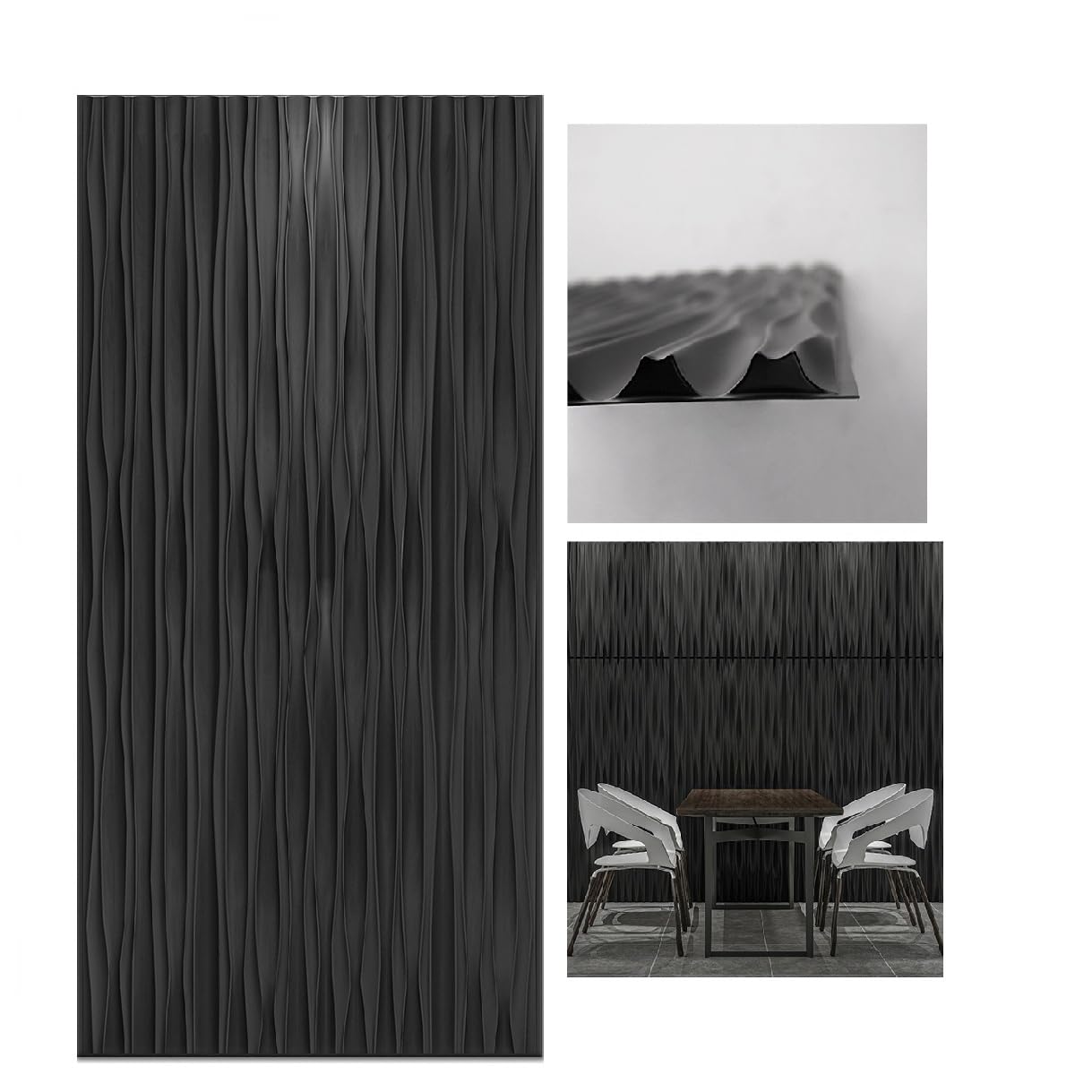 Art3d 46.2 SF Large 3D Wall Panels for Interior Décor, PVC Textured Wavy Wall Panels for Living Room, Bedroom and Office, Pack of 6 (47.2"×23.6"), Black Image