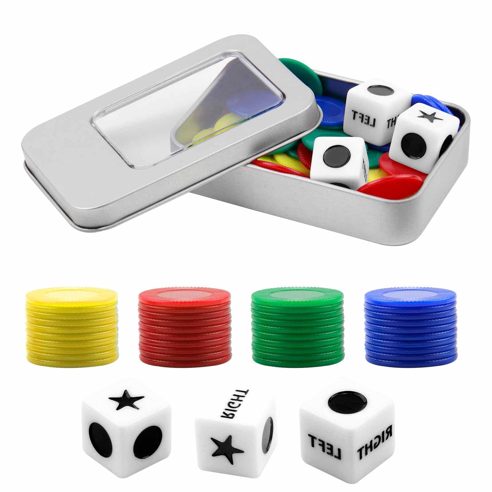Left Right Center Dice Game, 3 Dices and 40 Colorful Chips with Storage Box Portable LRC Dice Game Set for School Family Friends Gatherings Party