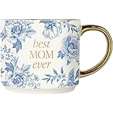 Sweet Water Decor Best Mom Ever Coffee Mug, Vintage Blue Delft Floral Design with Gold Handle & Rim, 14oz Fine Bone China Tea Cup, Cute Gifts for Mother's Day, Baby Shower, Christmas & Mom's Birthday