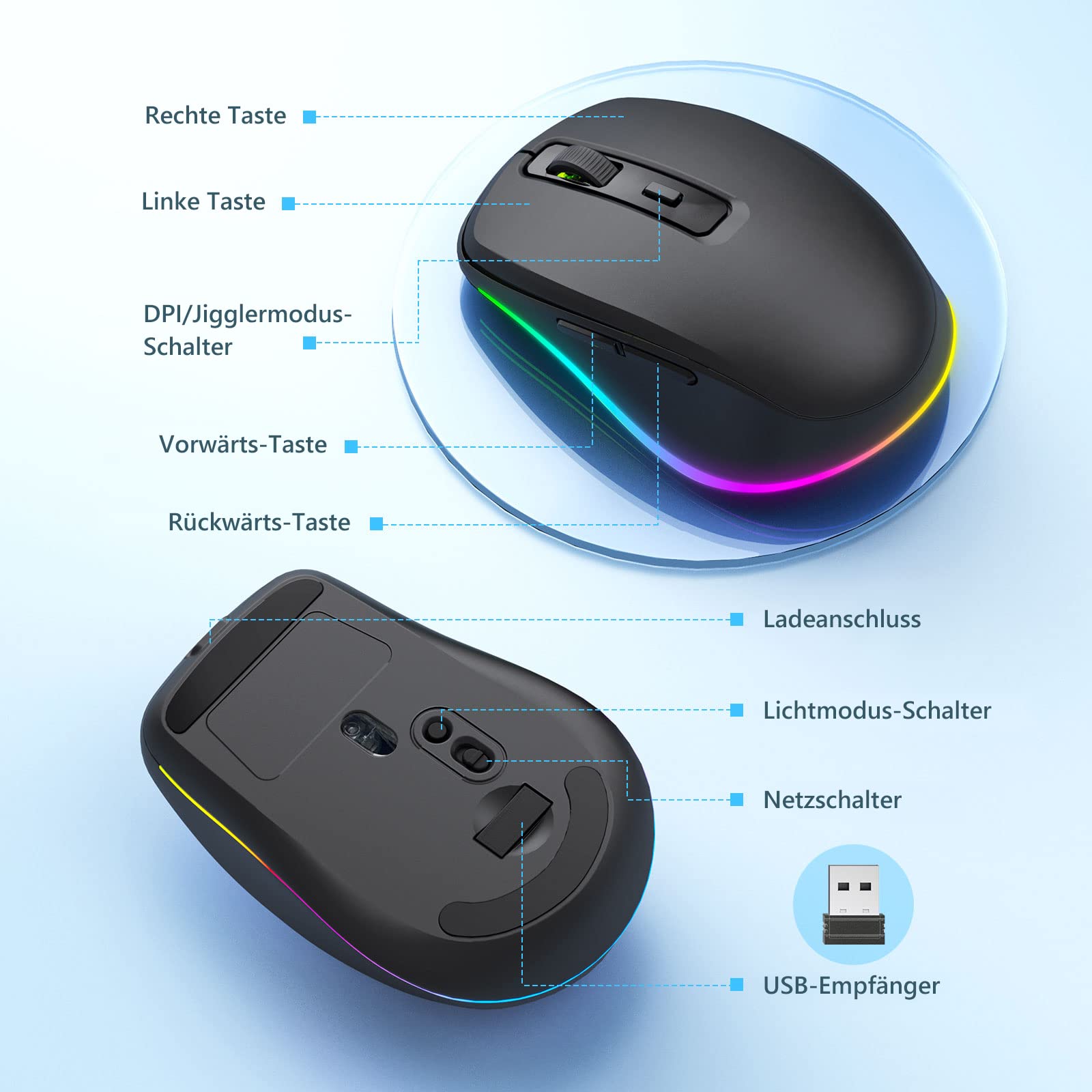 seenda Kabellose Maus mit Jiggler, RGB-Beleuchtung, 2000 DPI, Schwarz 6