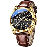 OLEVS Men's Chronograph Quartz Watches, Leather Strap Gold Case with Day Date, Waterproof Stainless Steel Wrist Watch, Luminous Hand Analog Watches for Men, Brown/Black/Blue/White Dial