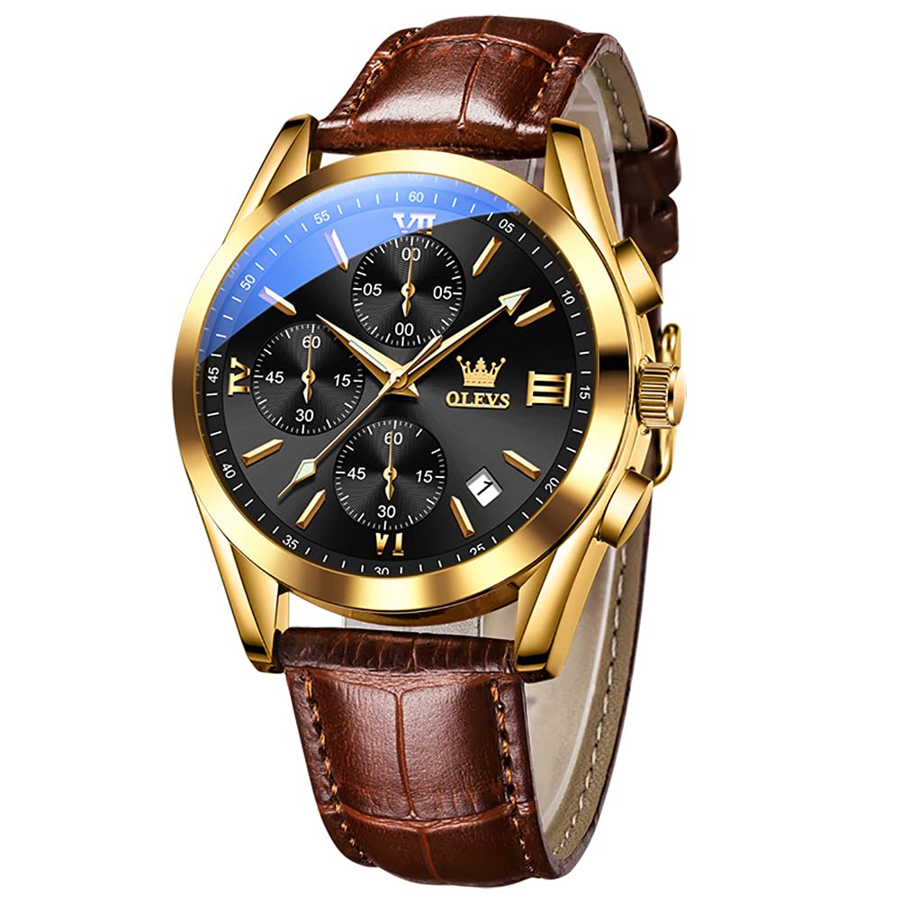 OLEVS Watch for Men Chronograph Brown Leather Strap Classic Fashion Analog Quartz Big Dial Casual Waterproof Luminous Wrist Watches — image 1
