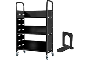 GUDESEN Book Cart w/ 3 Sloped Shelves Double-Sided Book Truck 450LBS Rolling Library Cart with 4 Swivel Lockable Casters for School Library,Home and Office/Black