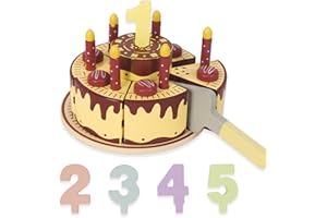 WoodenEdu Pretend Play Food for Toddlers 1-3,Wooden Birthday Fake Cake with Candles and Numbers,Tea Party Learning Kitchen Gift Toys for Boys Girls (Chocolate Cake)