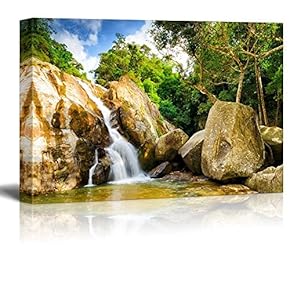 Serene Rocky Waterfall Surrounded by Trees - Canvas Art Home Art - 12x18 inches