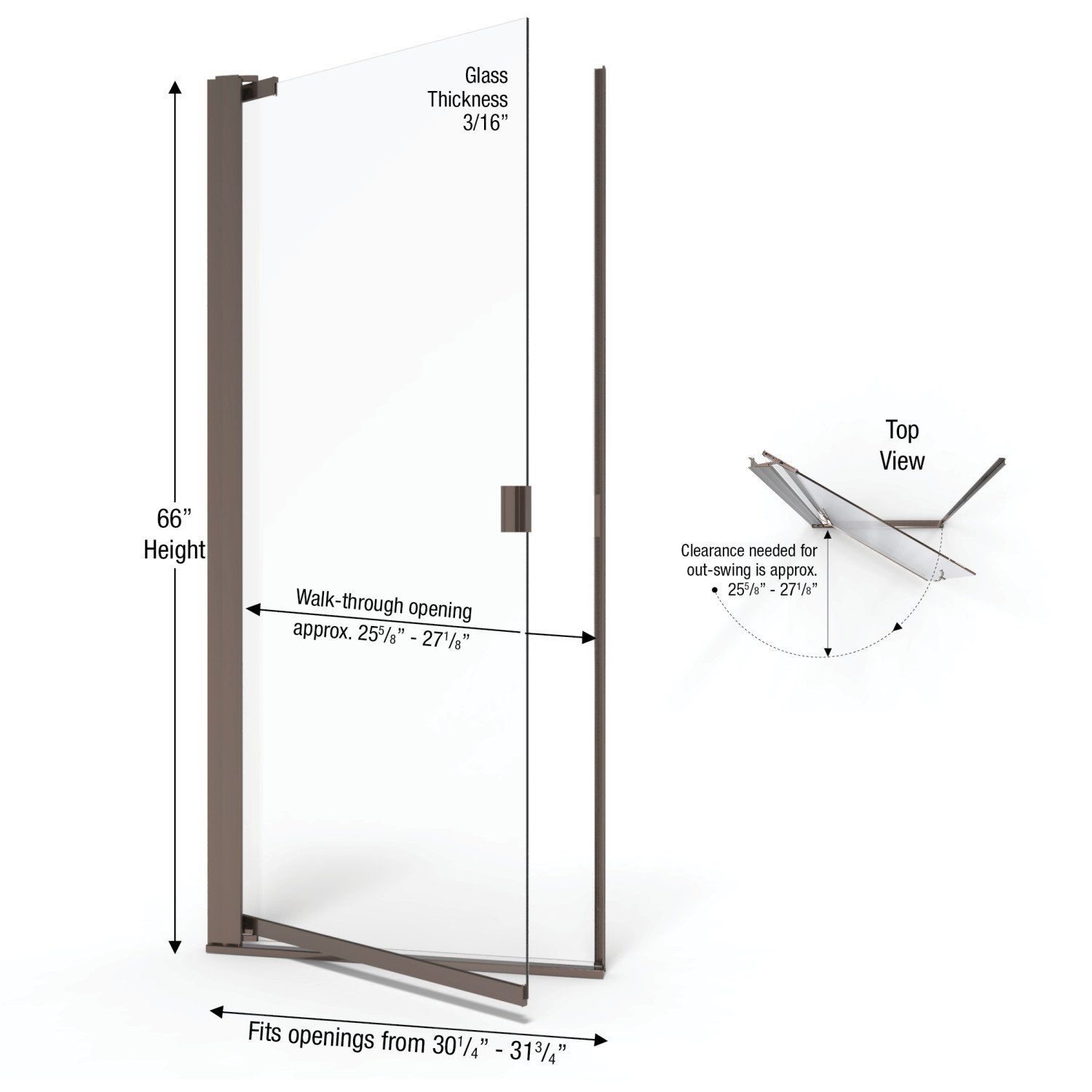 Basco ARMN00A3166OBSV Armon Swing Shower Door 31.75 in in Silver x 66