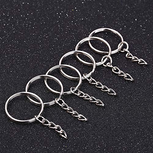 100Pcs 25mm Round Split Key Ring with Chain, 1inch Flat Rings, Nickel Plated Split Key Ring with Chain Metal Split Key Chain Ring Parts (100Pack 25mm Round Key Ring with Chain)