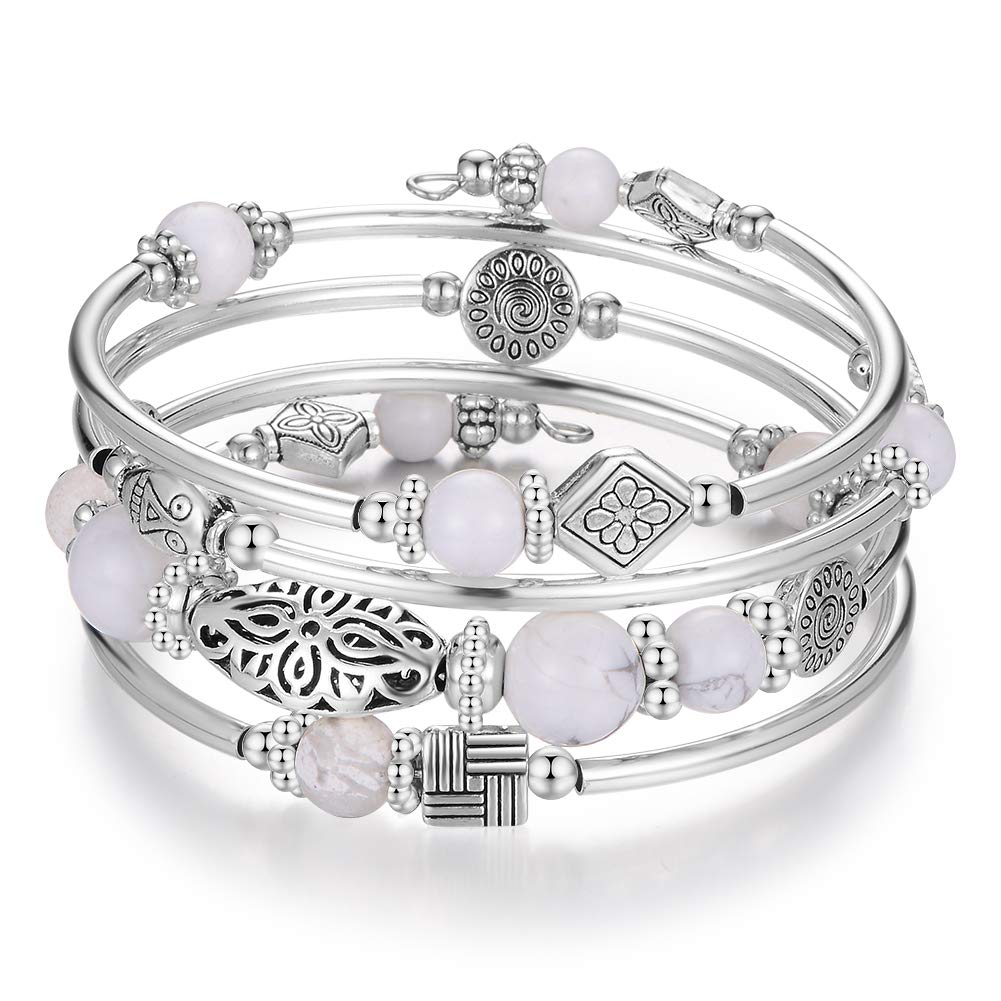 BULINLIN Beaded Silver Bangle Wrap Bracelet for Her, Layered Bohemian Bracelets with Natural Stone, Jewellery Gifts for Women Ladies(Howlite)