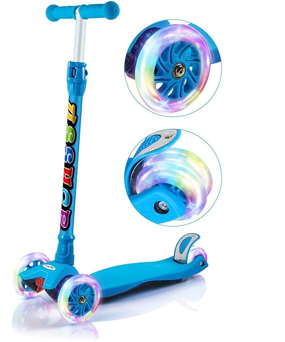 GEI Outon Kick Scooter For Kids 3 Wheel Lean To Steer Adjustable Height PU 4 LED Flasing Wheels Blue