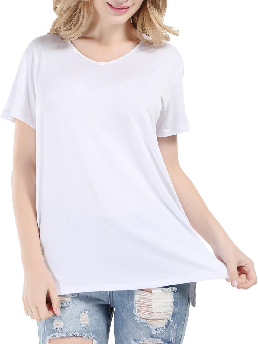Womenโs Casualย Solidย Shortย Sleeveย Topsย Highย Lowย Hemย Looseย T-Shirt Basic Teesย withย Sideย Split