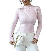 RoseSeek Women's Long Sleeve Elegant Top Mock Neck Ruched Tops Tight Tees Basic T Shirt