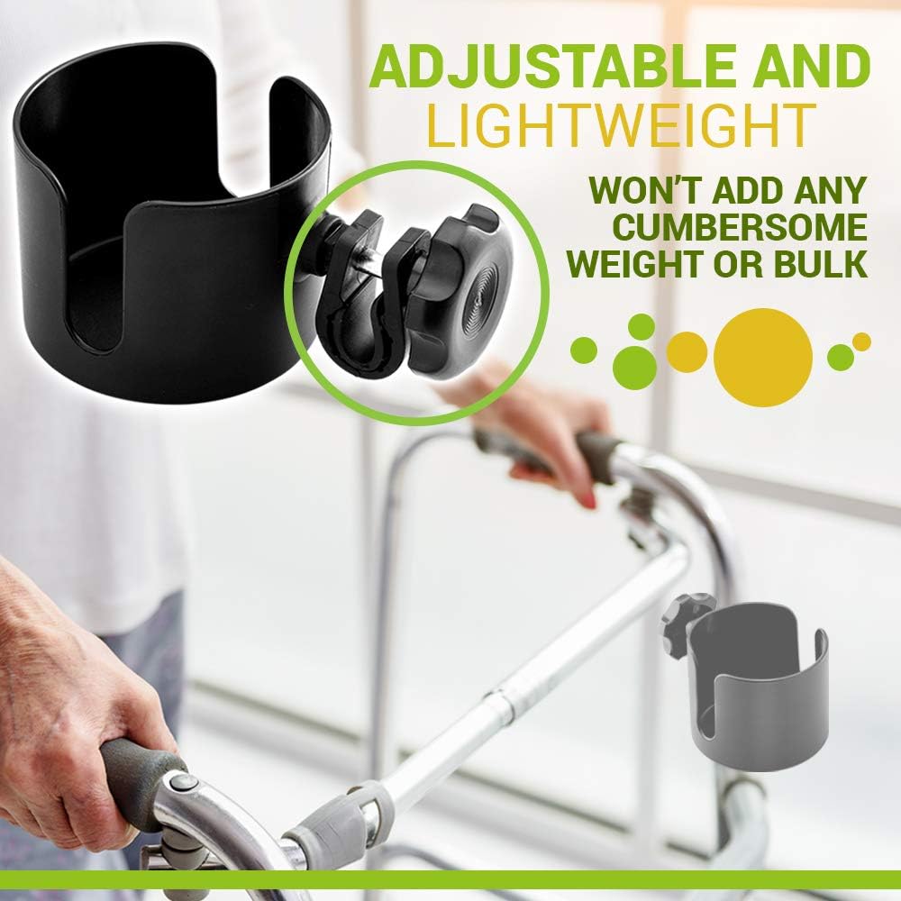 BodyHealt Adjustable Cup Holder - Black - for Any Kind of Strollers, Walkers, Wheelchairs, Rollator & Knee Scooters Universal Drinking Cup Holder, Bottle Holder, No Screws Required: Health & Personal Care