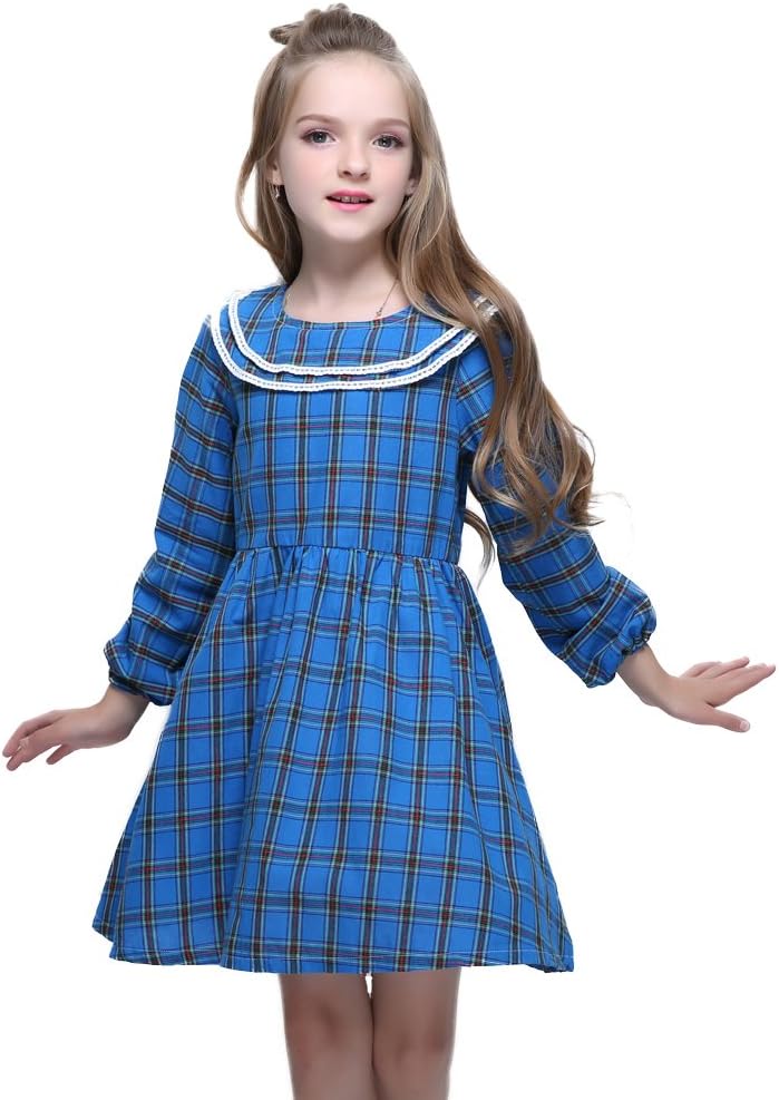 Kseniya Kids Big Little Girls Peter Pan Collar Dresses Plaid Long Sleeve Autumn Winter Girl Cotton Dress
