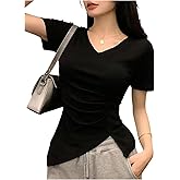 SweatyRocks Women's Ruched V Neck T Shirts Asymmetrical Short Sleeve Fitted Summer Tops