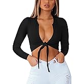 BORIFLORS Women's Sexy Tie Up Crop Top Short Sleeve Deep V Neck Casual Basic T Shirt