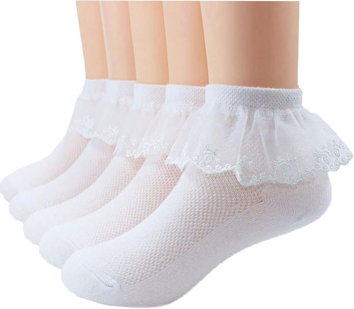 Amazon Com 5 Pack Of Girls White Lace Ruffle Socks Cotton Baby 0m