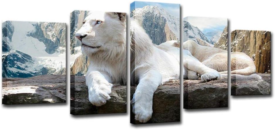 JimBla 5 Piece Canvas Wall Art White Lion Home Animal Decoration Painting-Frameless 40X60_40X80_40X100Cm
