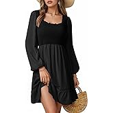 Dokotoo Dresses for Women 2026 Square Neck Long Sleeve Smocked Dress Flowy Tiered Ruffle Lace Beach Dress