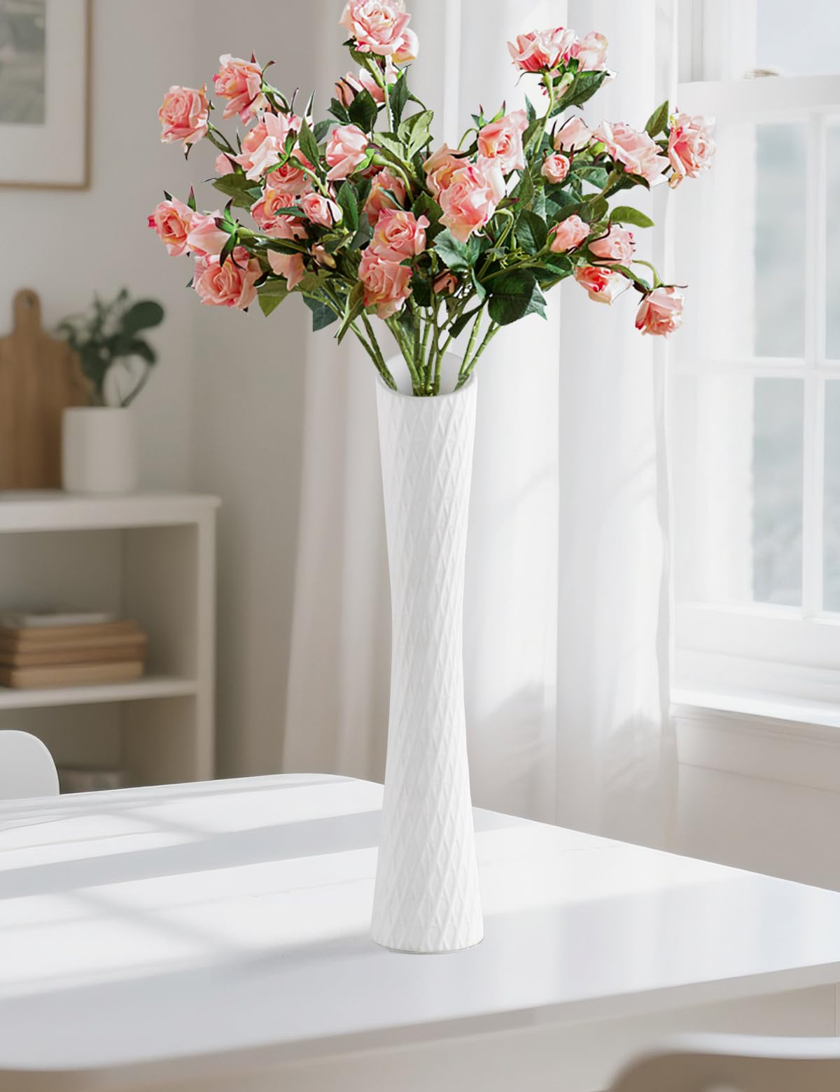 Photo 1 of 16.5 Inch Tall Ceramic Flower Vase,Minimalist Style Slender Floor Vase for Living Room, Home, Office Bedroom Table Centerpieces Shelf Kitchen Wedding Farmhouse Décor?White?