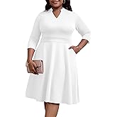 Nmoder Plus Size Dresses for Women - Casual 3/4 Sleeve V Neck Church Midi Dress Wedding Guest Cocktail with Pocket