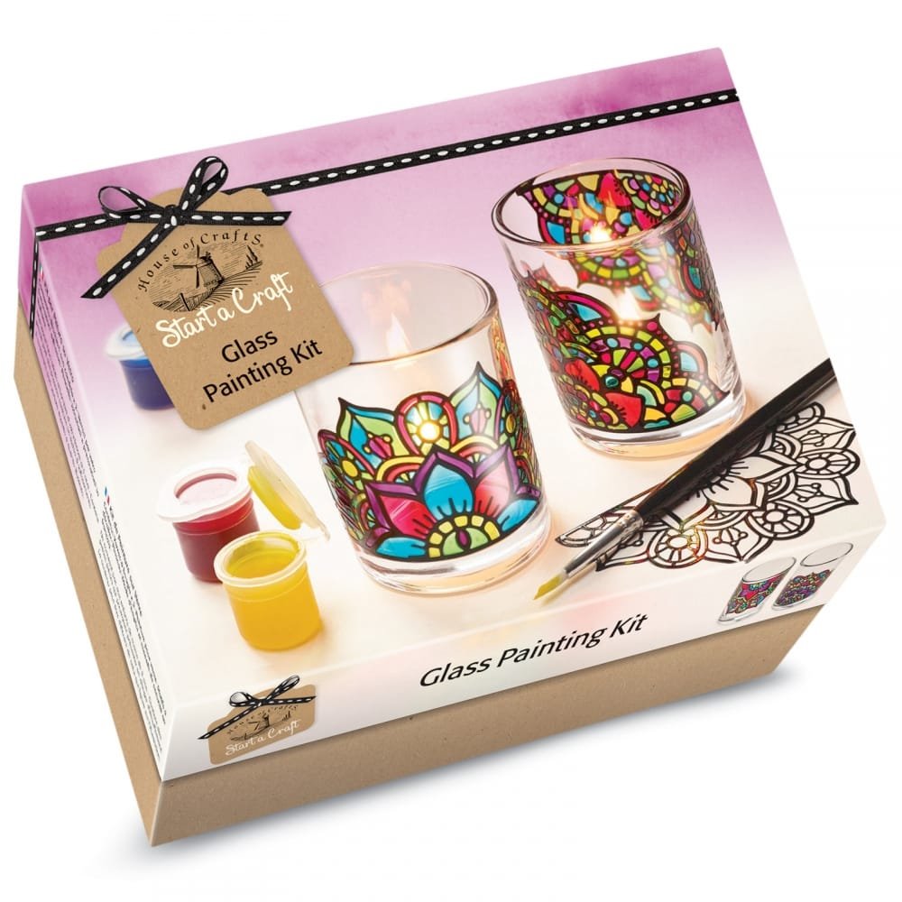 House Of Crafts Glass Painting, Single Craft Kit, Multicoloured, Start A Craft Set Includes 2 Candle Glasses, Peel Off Outlines, 5 Glass Paints, Artist’s Brush, Instructions