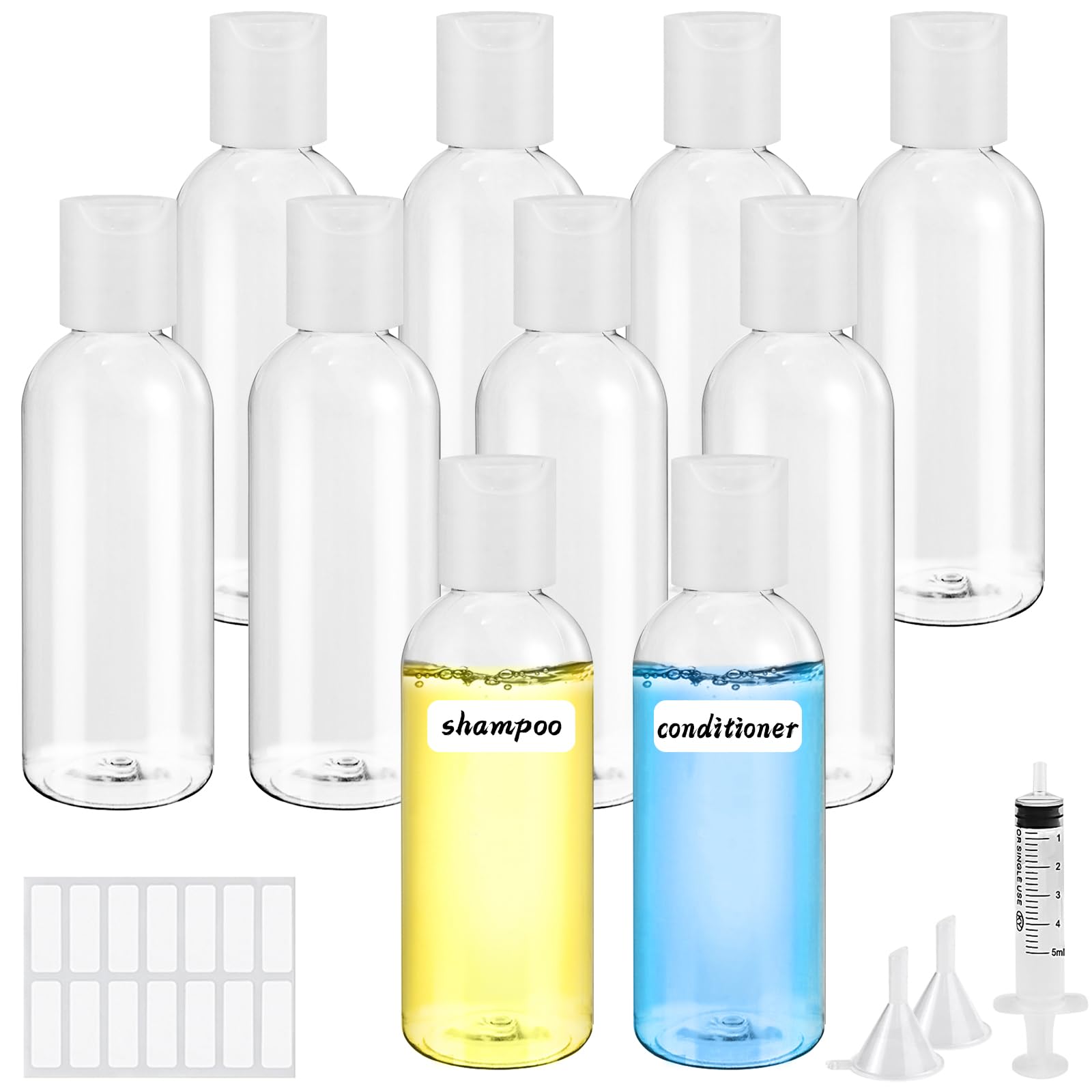 Sheryl&Rain 10Pcs 80ml Travel Bottle for Toiletries, Plastic Bottles Empty, Refillable Transparent Travel Bottles with Syringe Funnels and Labels for Travel Toiletries Makeup