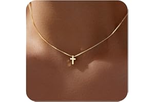 POXTEX Christmas Stocking Stuffers Cross Necklace for Women Girls, Dainty Cute 14K Gold Silver Plated Cross Pendant Jewelry Non Tarnish Waterproof Simple Small Necklace Christian Baptism Religious Faith Gifts