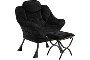 Congermom Lazy Chair with Folding Ottoman,Leisure Sofa Chair,Soft Fabric Armchair with Armrests and Side Pockets, Reading Chair with Footrest for Living Room, Bedroom, Office (Plush Black)