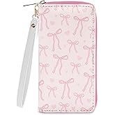 Pink Bow Wallet for Women - Slim PU Leather Womens Wallet with Cash Zipper Coin Purse, Small Credit Card Holder Travel Wallet, Wristlet Wallets for Female Ladies Teen Girls Purse (Girly Gift)
