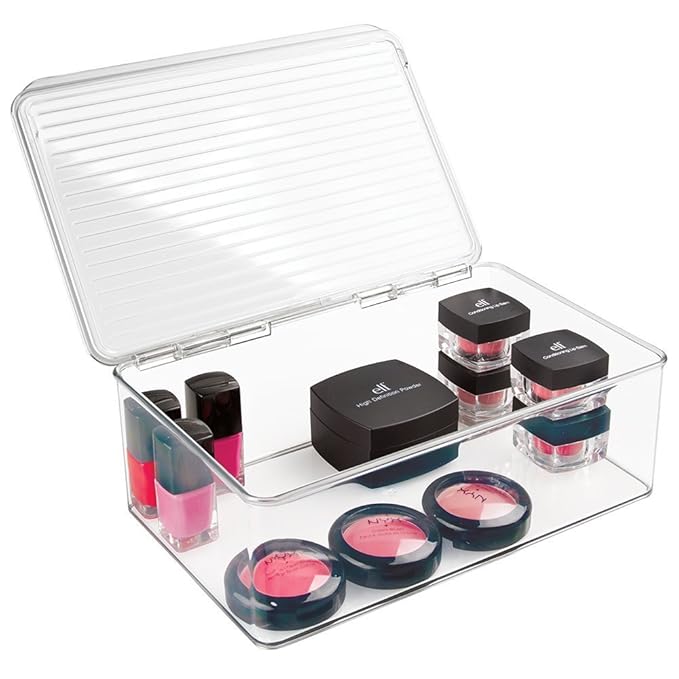 mDesign Organizador de maquillaje – Caja de almacenaje con tapa - Ideal para cosméticos y productos de belleza - transparente