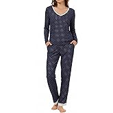 LUBOT Bamboo Viscose Pajamas for Women Soft Breathable Womens Pajama Set Two Piece PJ Sets Long Sleeve Pants Printed Pattern Loungewear Nightwear Sleepwear (Navy Blue Dot,L)