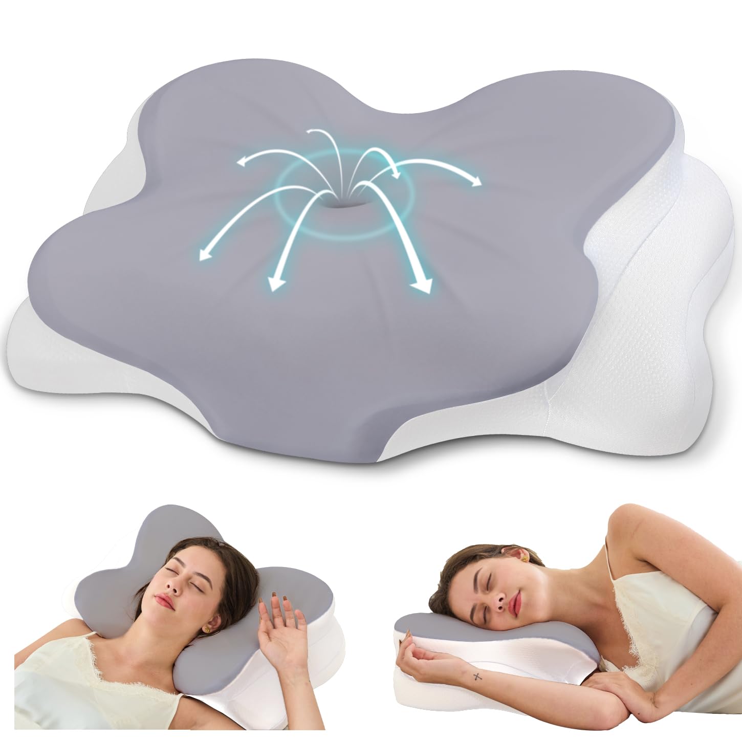 Fyova Cervical Neck Pillow, Ergonomic Memory Foam Pillows for Neck Pain Relief with Breathable Pillowcase, Adjustable Contour Neck Support Pillow for Side Back Stomach Sleepers, Odorless (Grey) Image