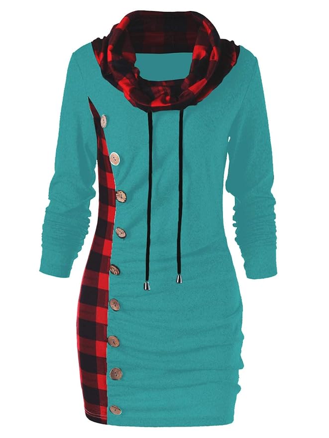 plaid trim cowl neck tunic sweatshirt dress