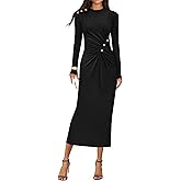 ZESICA Womens 2026 Fall Long Sleeve Mock Neck Bodycon Midi Dress Ruched Knit Elegant Party Cocktail Formal Dresses