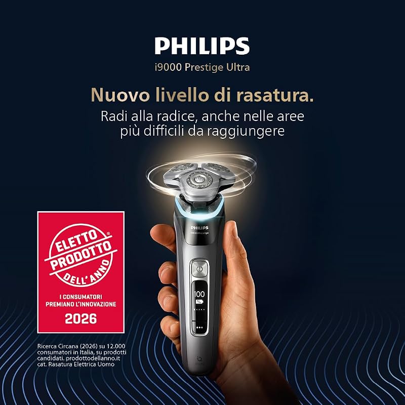 Shaver i9000 Prestige, rasoio elettrico Wet & Dry, con tecnologia Skin IQ, triplo sistema di sollevamento e taglio, doppie lame rotanti in acciaio di precisione a 360°, modello XP9205/30
