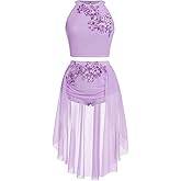 Women Lyrical Dance Costume Halter Floral Sequins Crop Top High-Low Skirt with Briefs Adult Contemporary Dance Dress
