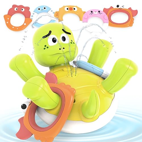 JQLM Baby Bath Toys with 5 Toss Rings, Rechargeable Kids Bathtub Toy Spray Sprinkler, Turtle Pool Water Tub Toys for Boys Girls 1 2 3+ Year Old, Toddler Birthday Gifts Age 12 18 Months