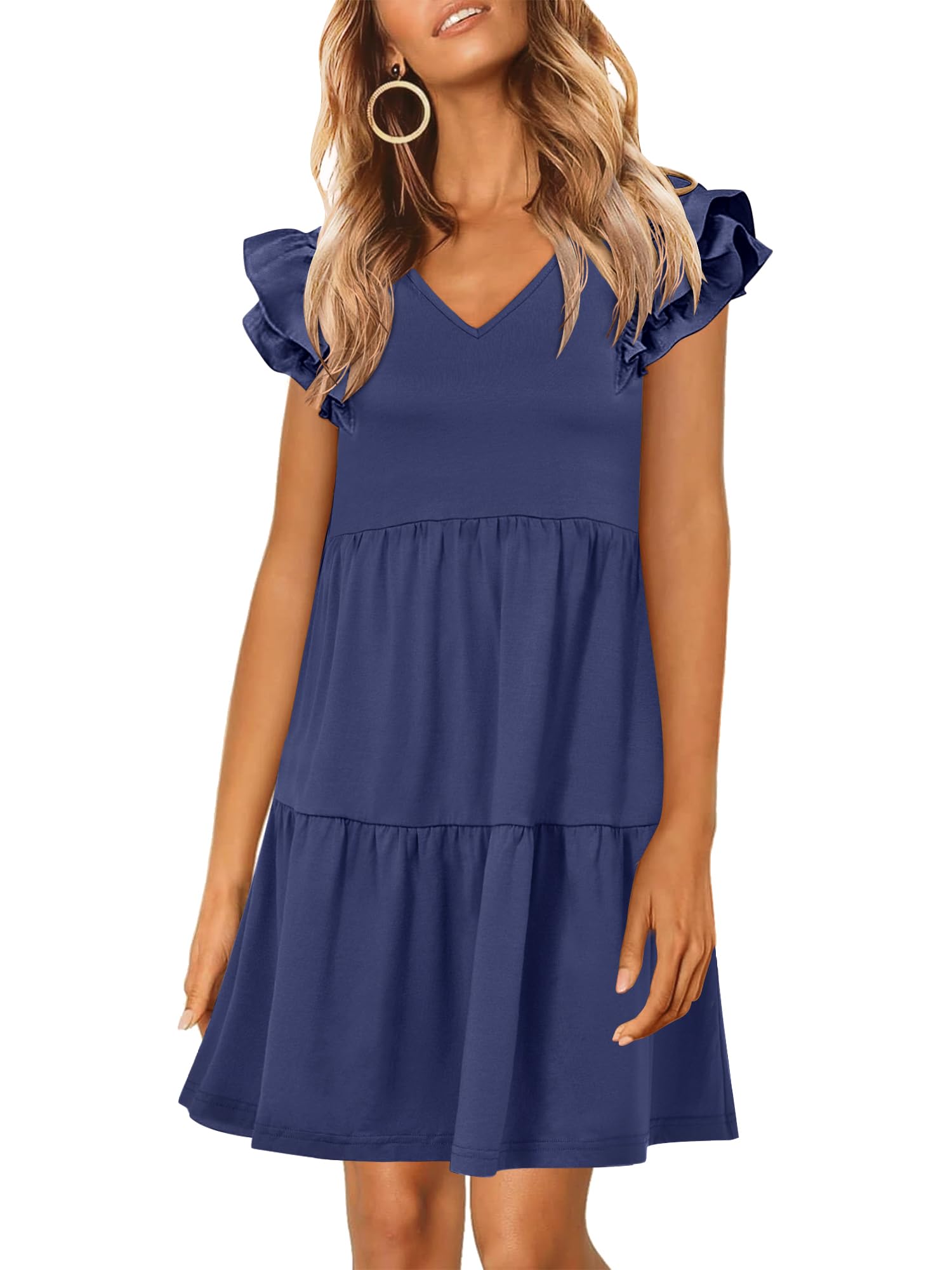 Photo 1 of ANRABESS Womens Summer Ruffle Cap Sleeve Mini Dress 2025 Spring Swing V Neck Beach Vacation Short Sundress Navy Blue Large