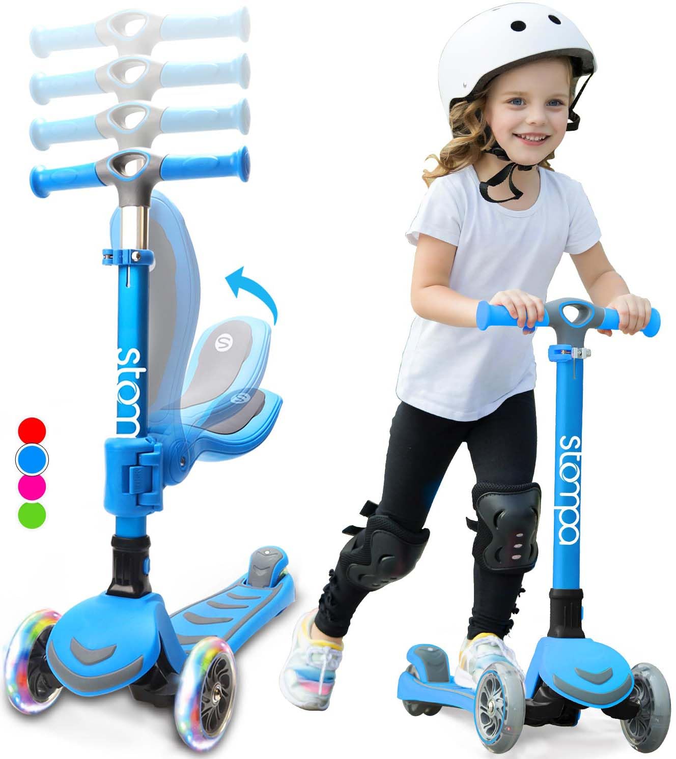 Stompa Kids Scooter for Ages 2-7, 2-in-1 with Removable Seat & Foldable, Light-Up Wheels (Battery-Free), 3-Wheel Adjustable Height Kick Scooter for Boys Girls - Blue