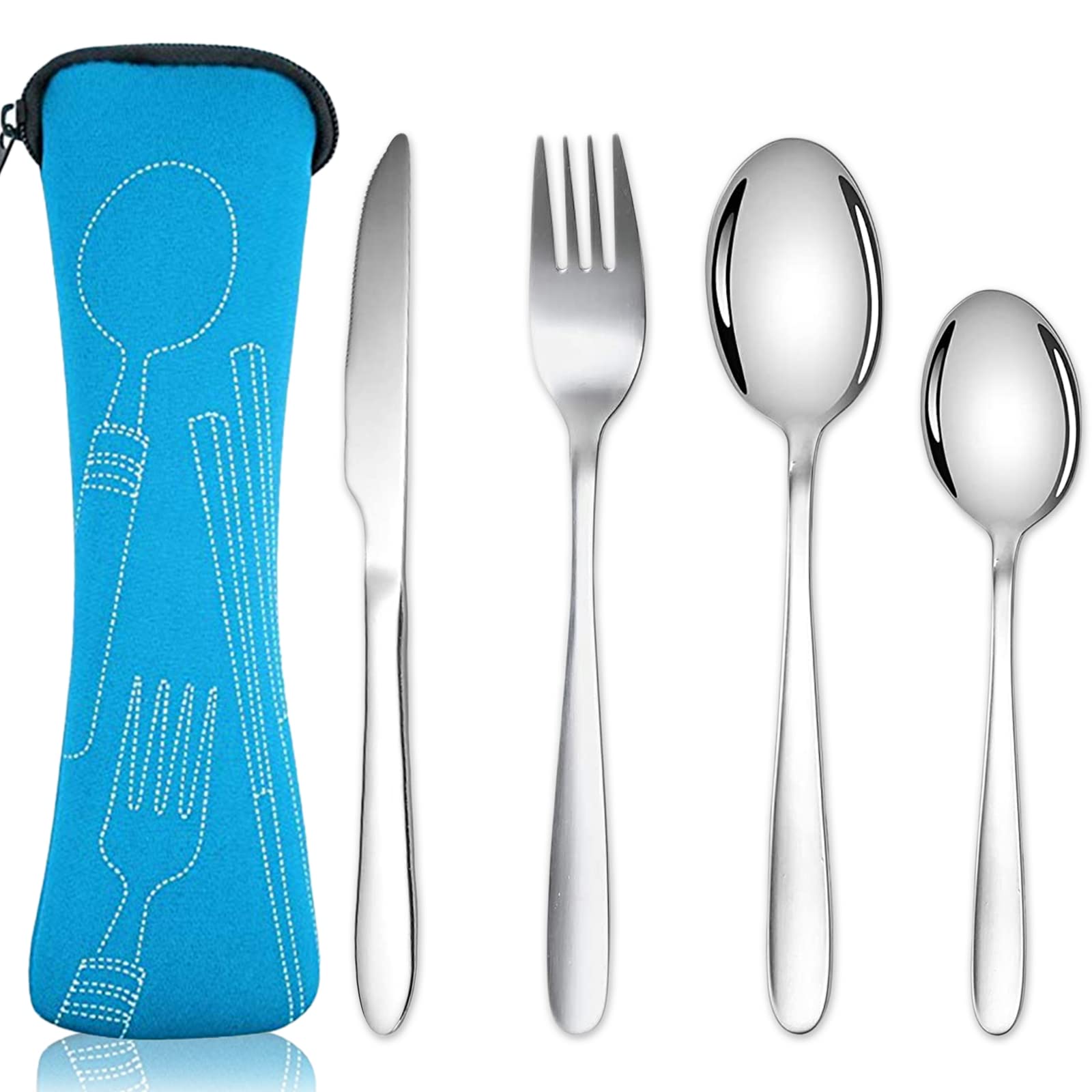 Acehome Cutlery Set with Portable Pouch Case, Stainless Steel Flatware Camping Utensil Set with Neoprene Bag for Outdoor Travel Picnic Office School Lunch Box (Sky Blue)