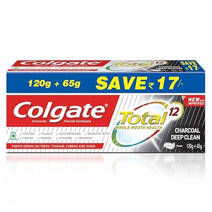Colgate Total Whole Mouth Health, Antibacterial Toothpaste, 185g, (Charcoal Deep Clean, Saver Pack)