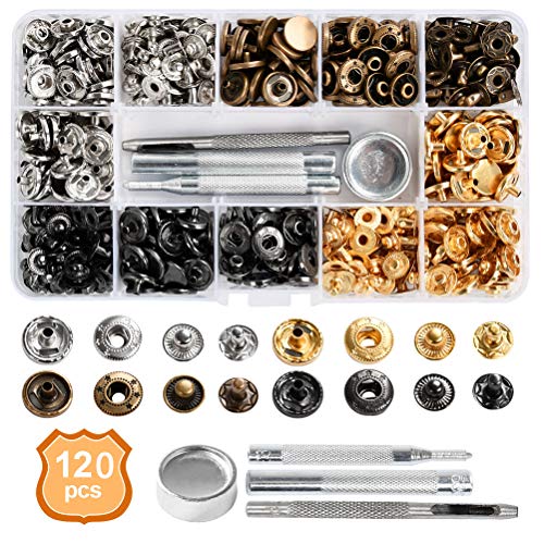 BUYGOO 120 Sets Leather Snap Fasteners Kit, Metal Button Snaps Press Studs with 4 Installation Tools, 4 Color Leather Snaps for Clothes, Jackets, Jeans Wears, Bracelets, Bags